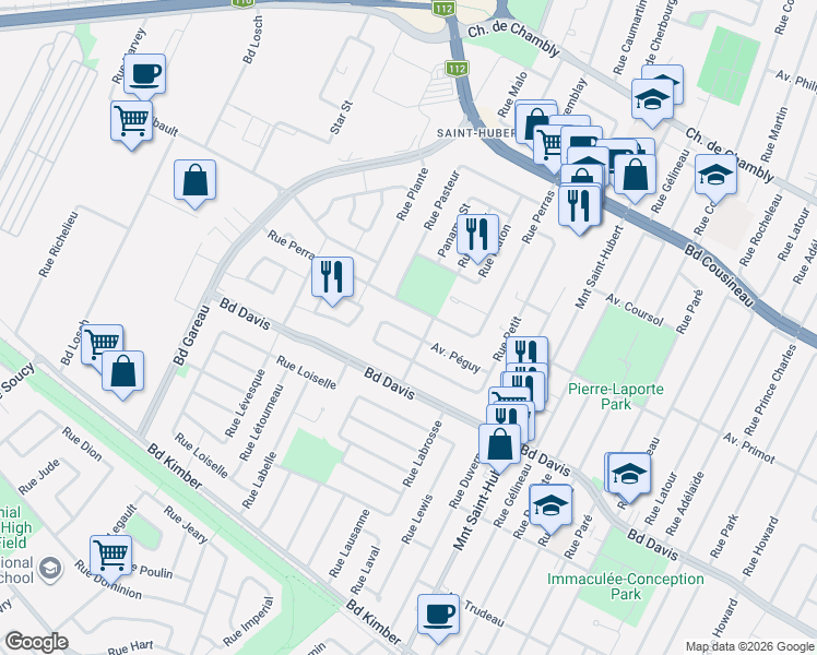 map of restaurants, bars, coffee shops, grocery stores, and more near in Longueuil