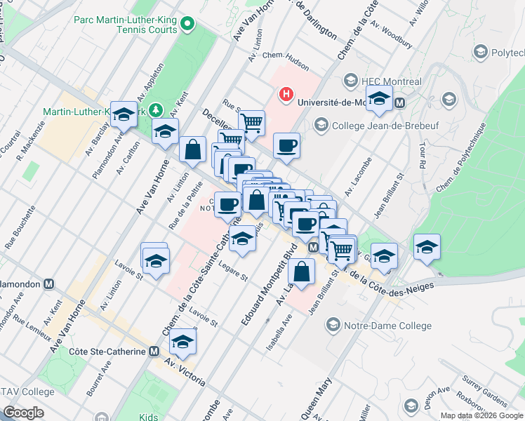 map of restaurants, bars, coffee shops, grocery stores, and more near 5633 Chemin de la Côte-des-Neiges in Montréal