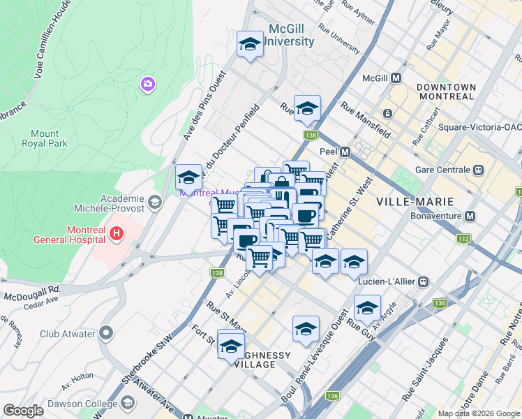 map of restaurants, bars, coffee shops, grocery stores, and more near 1420 Sherbrooke Street West in Montreal