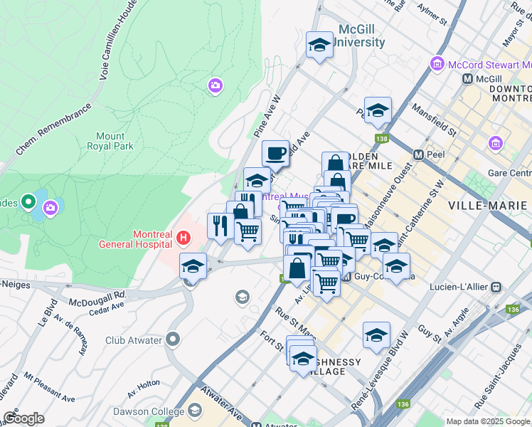 map of restaurants, bars, coffee shops, grocery stores, and more near 3470 Simpson Street in Montreal