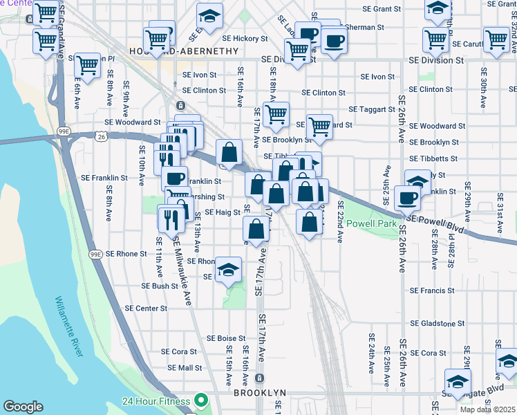 map of restaurants, bars, coffee shops, grocery stores, and more near 3404 Southeast 16th Avenue in Portland