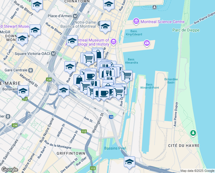 map of restaurants, bars, coffee shops, grocery stores, and more near 650 Wellington Street in Montrã©Al