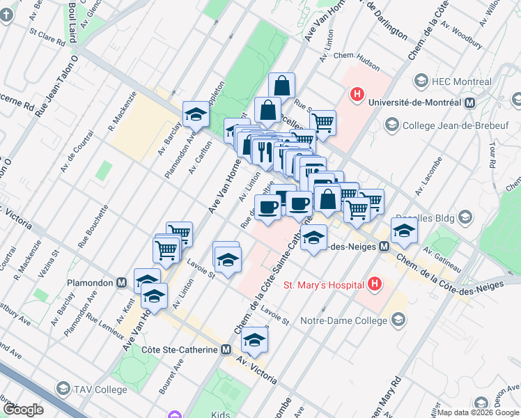map of restaurants, bars, coffee shops, grocery stores, and more near 3840 Rue de la Peltrie in Montréal