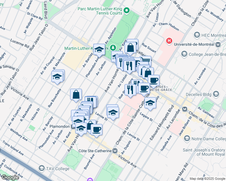 map of restaurants, bars, coffee shops, grocery stores, and more near 3921 Avenue Linton in Montréal