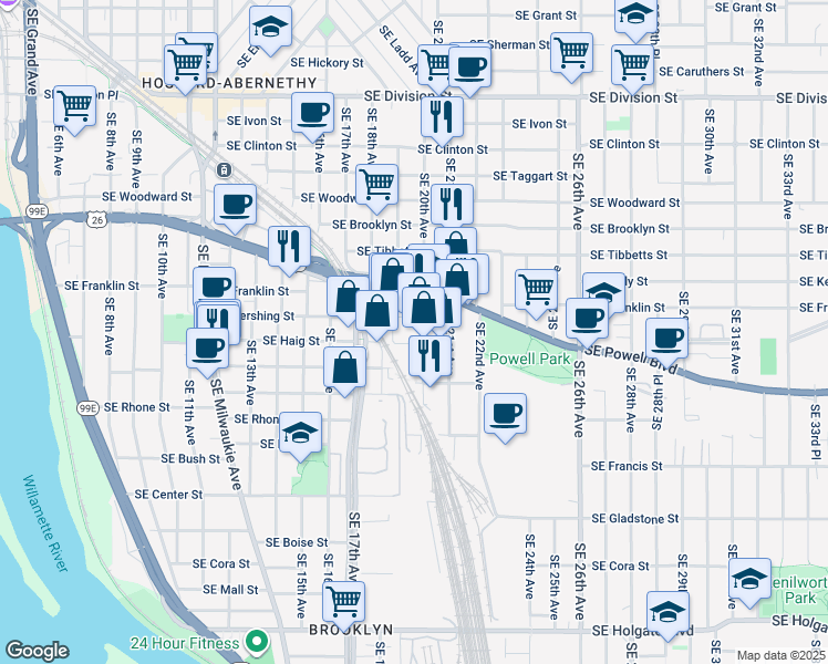 map of restaurants, bars, coffee shops, grocery stores, and more near 3405 Southeast 20th Avenue in Portland