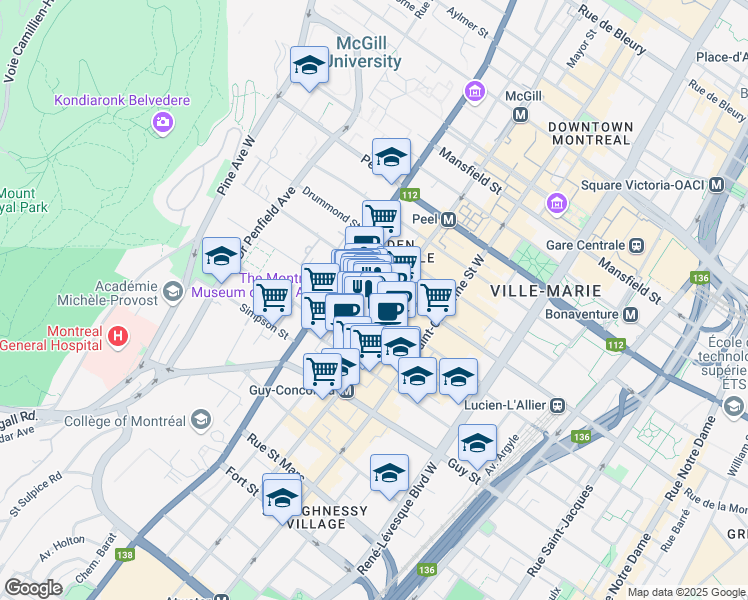 map of restaurants, bars, coffee shops, grocery stores, and more near in Montreal