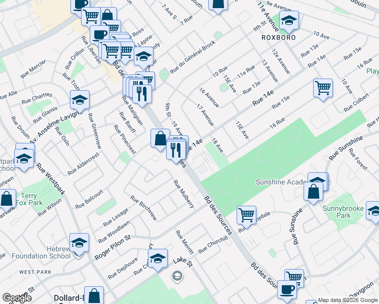 map of restaurants, bars, coffee shops, grocery stores, and more near 14e Avenue in Montréal