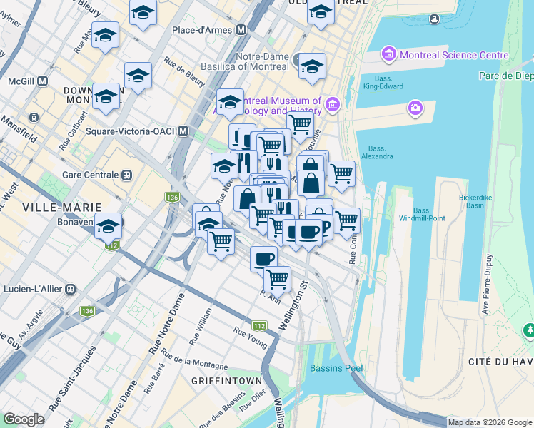 map of restaurants, bars, coffee shops, grocery stores, and more near 715 Rue William in Montréal