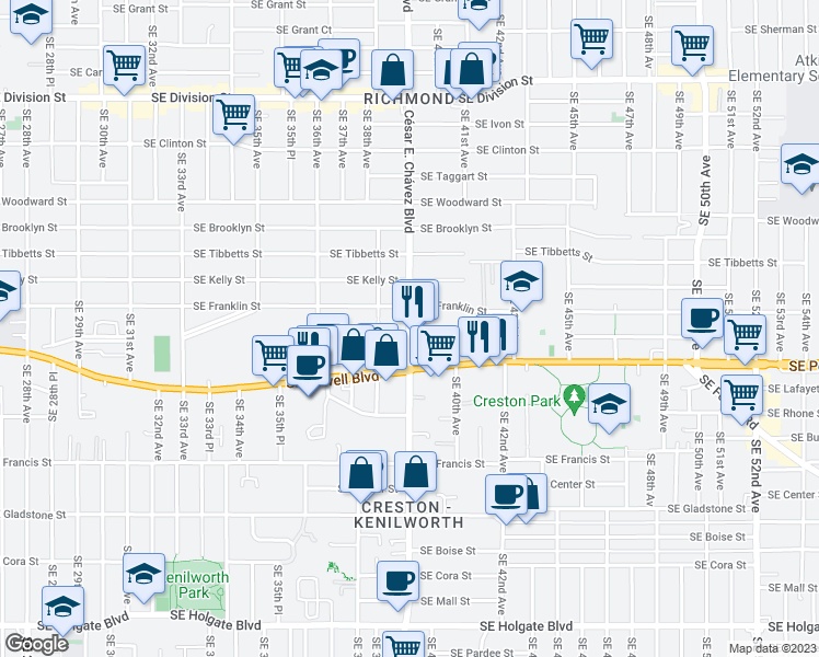 map of restaurants, bars, coffee shops, grocery stores, and more near 3340 Southeast 39th Avenue in Portland