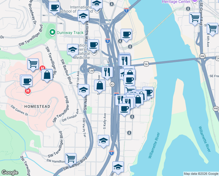 map of restaurants, bars, coffee shops, grocery stores, and more near 3434 South Kelly Avenue in Portland