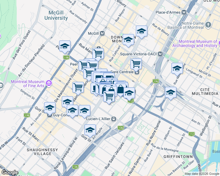 map of restaurants, bars, coffee shops, grocery stores, and more near 1100 Boulevard René-Lévesque Ouest in Montréal