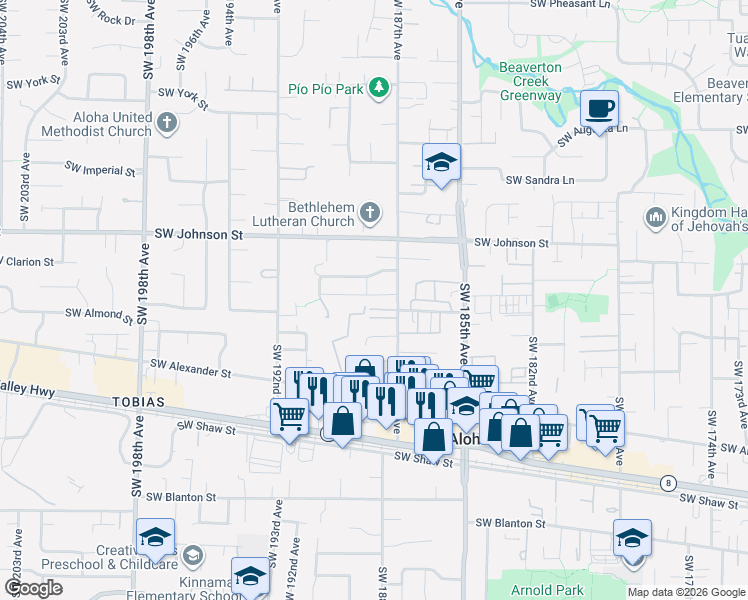 map of restaurants, bars, coffee shops, grocery stores, and more near 3000 Southwest Doyle Place in Aloha