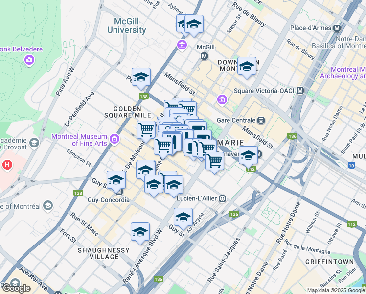 map of restaurants, bars, coffee shops, grocery stores, and more near 1229 Rue de la Montagne in Montréal
