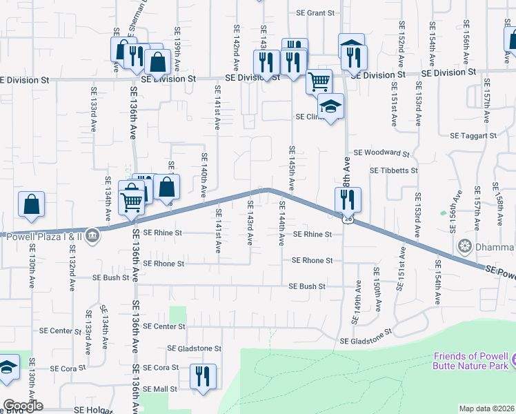 map of restaurants, bars, coffee shops, grocery stores, and more near 3306 Southeast 143rd Avenue in Portland