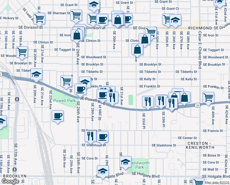 map of restaurants, bars, coffee shops, grocery stores, and more near 3013 Southeast Waverleigh Boulevard in Portland