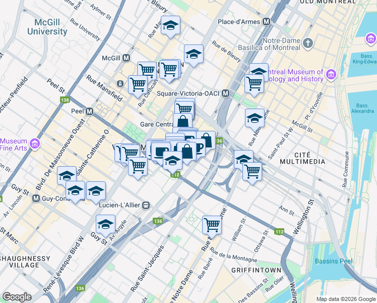 map of restaurants, bars, coffee shops, grocery stores, and more near 1000 Rue De la Gauchetière Ouest in Montréal