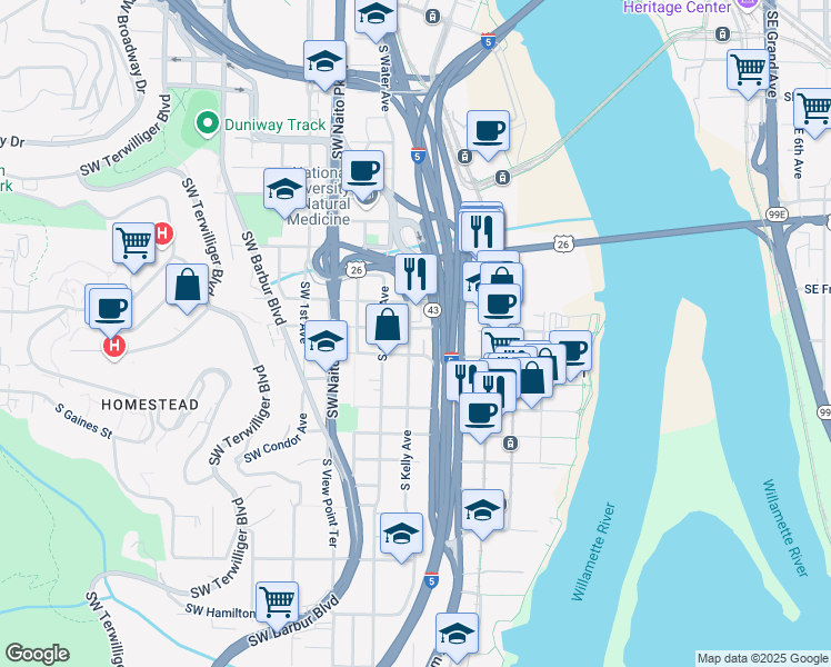 map of restaurants, bars, coffee shops, grocery stores, and more near 3434 South Kelly Avenue in Portland