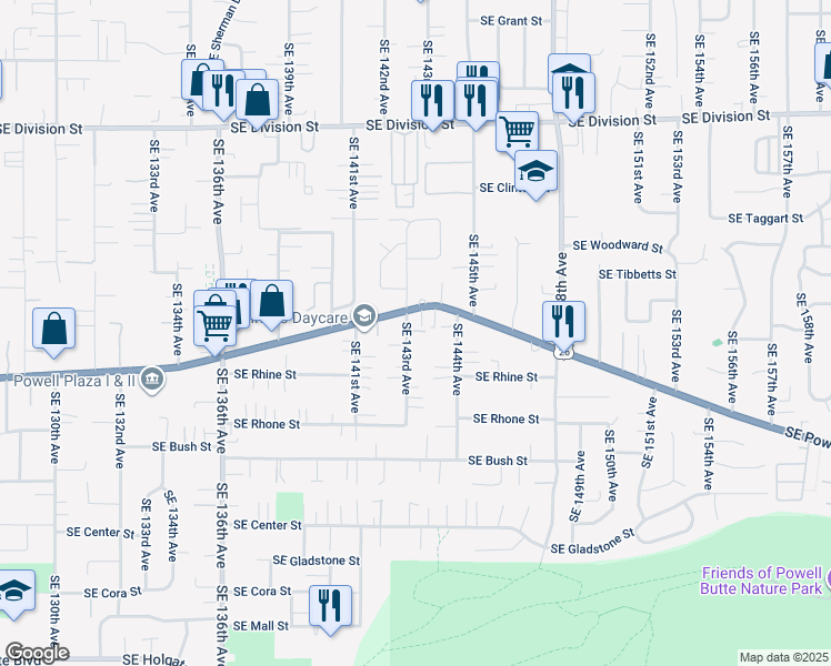 map of restaurants, bars, coffee shops, grocery stores, and more near 3322 Southeast 143rd Avenue in Portland