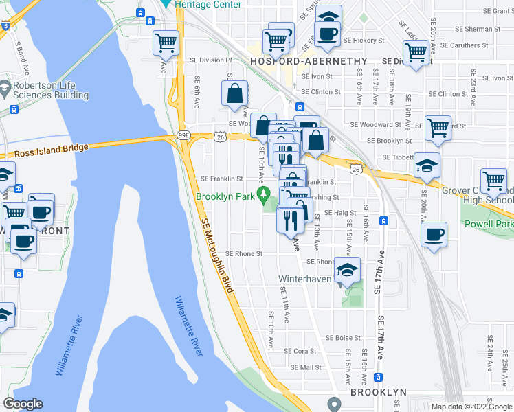 map of restaurants, bars, coffee shops, grocery stores, and more near 3416 Southeast 9th Avenue in Portland