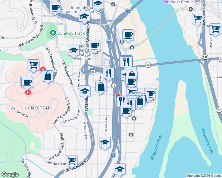 map of restaurants, bars, coffee shops, grocery stores, and more near 3434 South Kelly Avenue in Portland