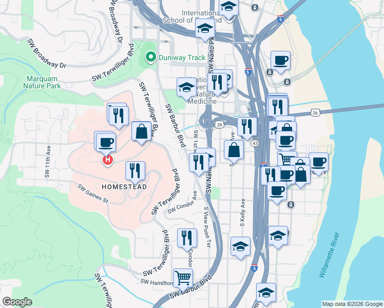 map of restaurants, bars, coffee shops, grocery stores, and more near 105 Southwest Curry Street in Portland