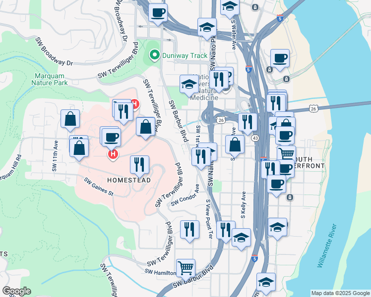 map of restaurants, bars, coffee shops, grocery stores, and more near 3425 Southwest Barbur Boulevard in Portland