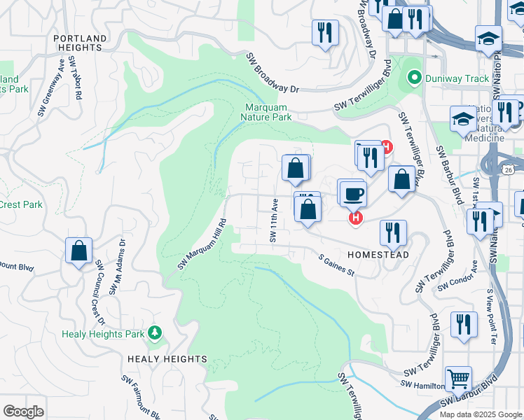 map of restaurants, bars, coffee shops, grocery stores, and more near 3328 Southwest 12th Avenue in Portland