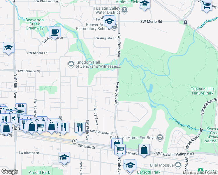 map of restaurants, bars, coffee shops, grocery stores, and more near 17155 Southwest Heritage Court in Aloha