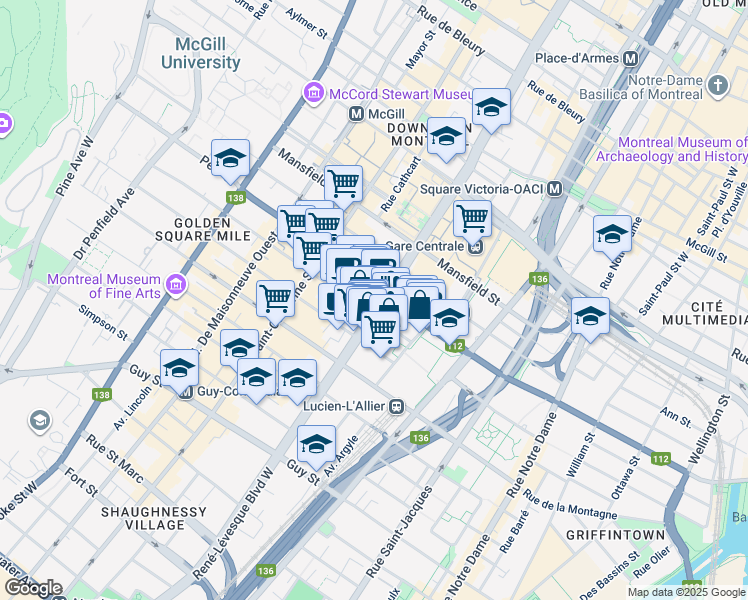 map of restaurants, bars, coffee shops, grocery stores, and more near 1155 Boulevard René-Lévesque Ouest in Montréal