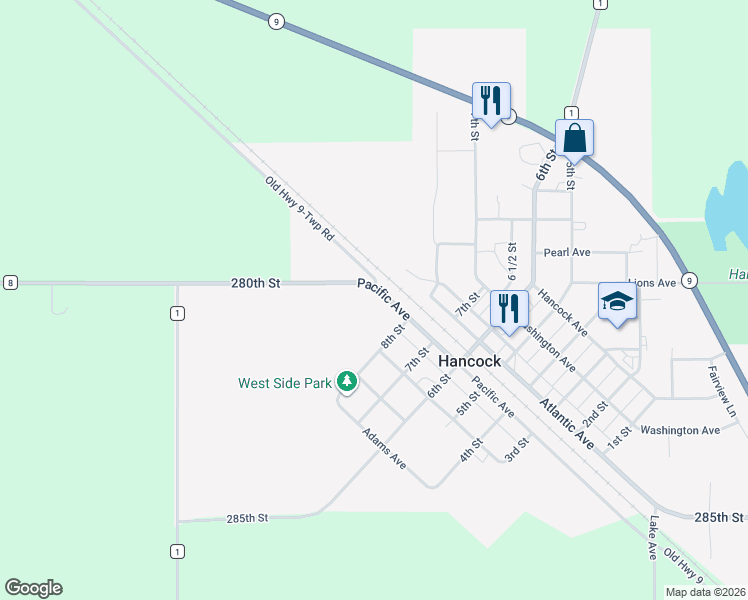 map of restaurants, bars, coffee shops, grocery stores, and more near in Hancock