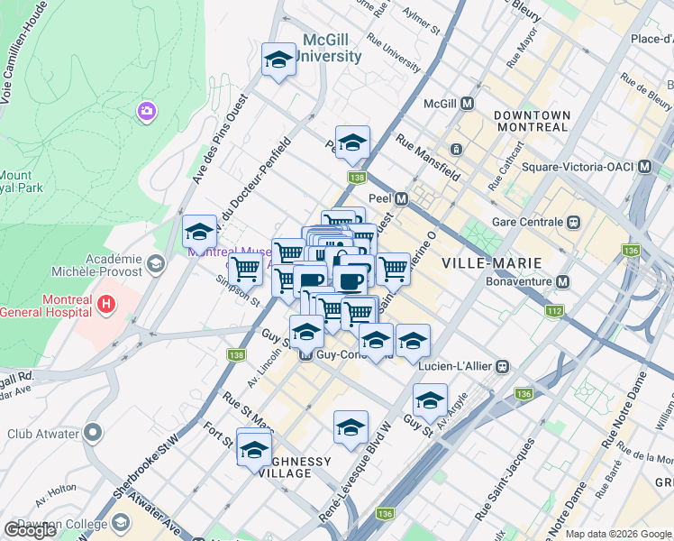 map of restaurants, bars, coffee shops, grocery stores, and more near 2121 Rue Crescent in Montréal