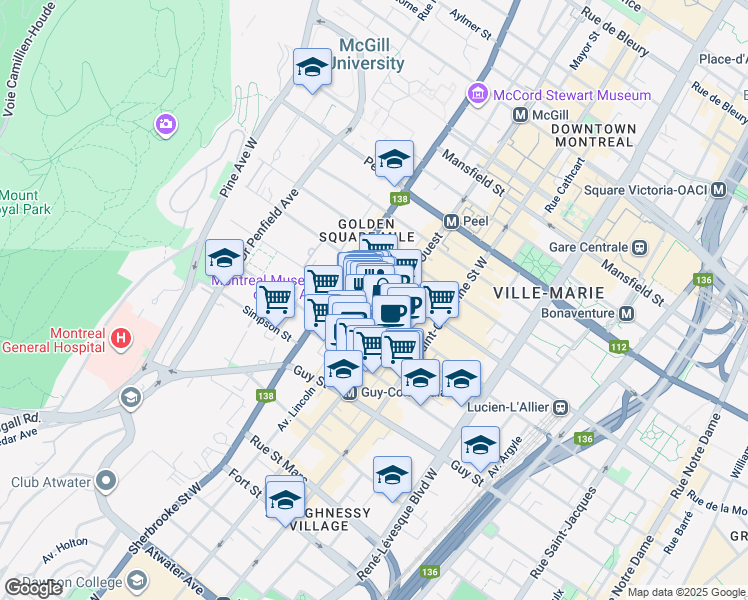 map of restaurants, bars, coffee shops, grocery stores, and more near 2121 Rue Crescent in Montréal