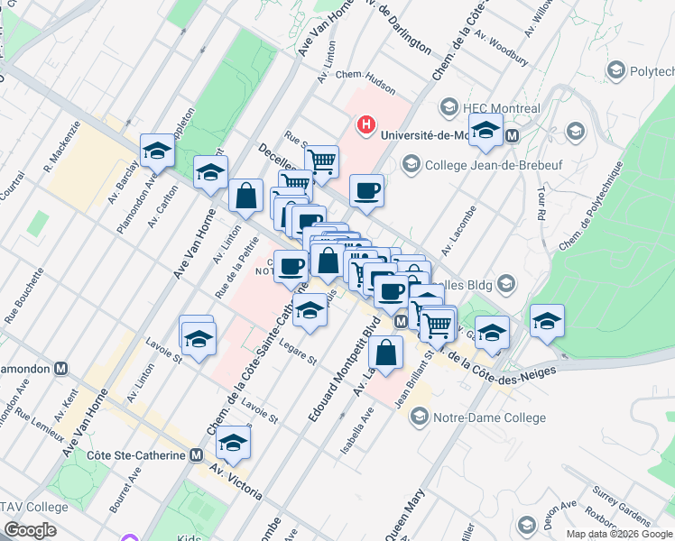 map of restaurants, bars, coffee shops, grocery stores, and more near 5633 Chemin de la Côte-des-Neiges in Montréal