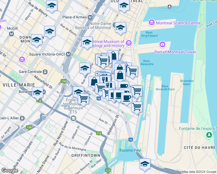 map of restaurants, bars, coffee shops, grocery stores, and more near 696 Rue William in Montréal