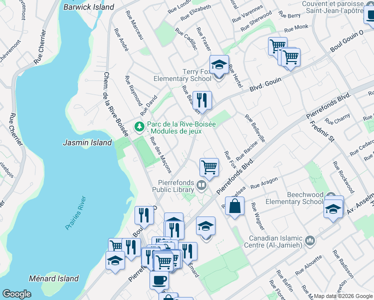 map of restaurants, bars, coffee shops, grocery stores, and more near 13715 Boulevard Gouin Ouest in Montréal