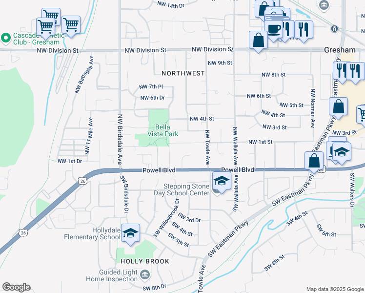 map of restaurants, bars, coffee shops, grocery stores, and more near 1650 Northwest 1st Street in Gresham