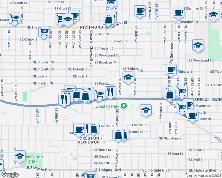 map of restaurants, bars, coffee shops, grocery stores, and more near 4118 Southeast Franklin Street in Portland
