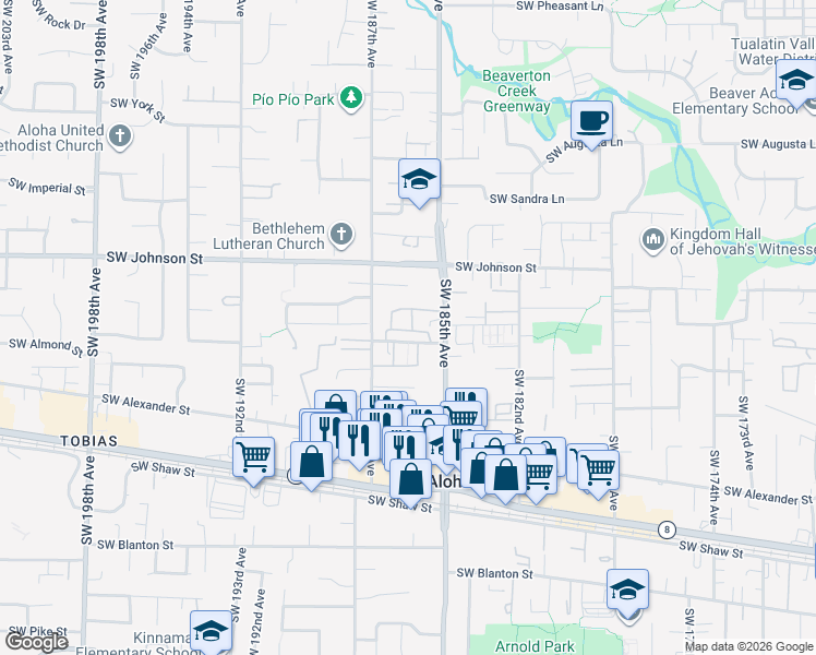 map of restaurants, bars, coffee shops, grocery stores, and more near 185 Southwest Cascade Drive in Aloha