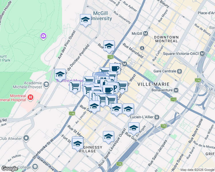 map of restaurants, bars, coffee shops, grocery stores, and more near 1315 Boulevard de Maisonneuve Ouest in Montréal