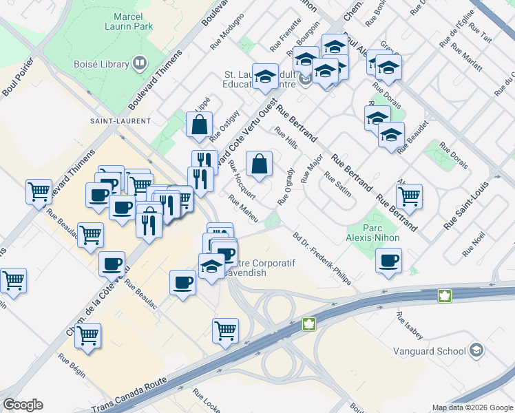 map of restaurants, bars, coffee shops, grocery stores, and more near 888 Rue Hocquart in Montréal