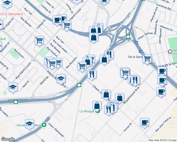 map of restaurants, bars, coffee shops, grocery stores, and more near 5565 Chemin de la Côte de Liesse in Montreal