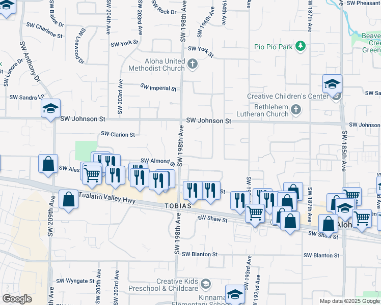 map of restaurants, bars, coffee shops, grocery stores, and more near 19668 Southwest Trelane Street in Aloha