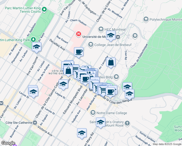 map of restaurants, bars, coffee shops, grocery stores, and more near 3354 Edouard Montpetit Boulevard in Montreal