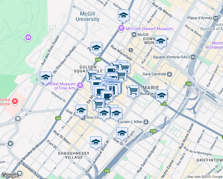map of restaurants, bars, coffee shops, grocery stores, and more near in Montreal