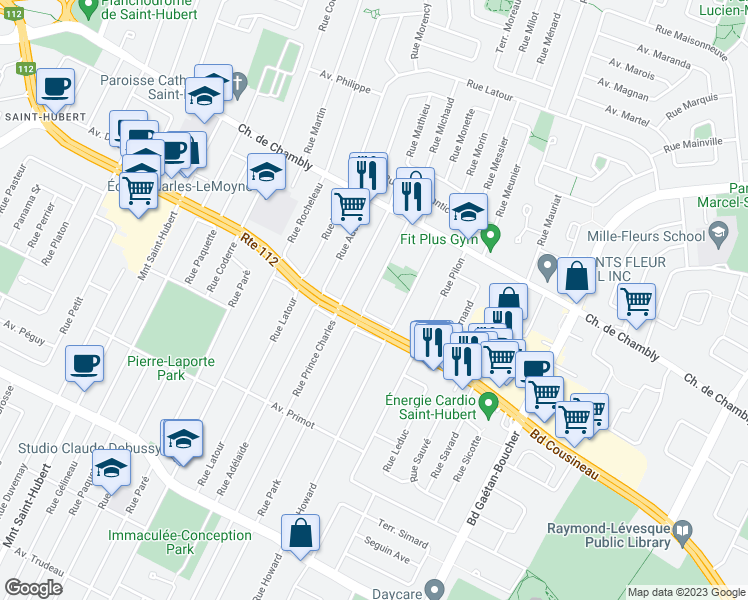 map of restaurants, bars, coffee shops, grocery stores, and more near 2855 Rue Park in Longueuil