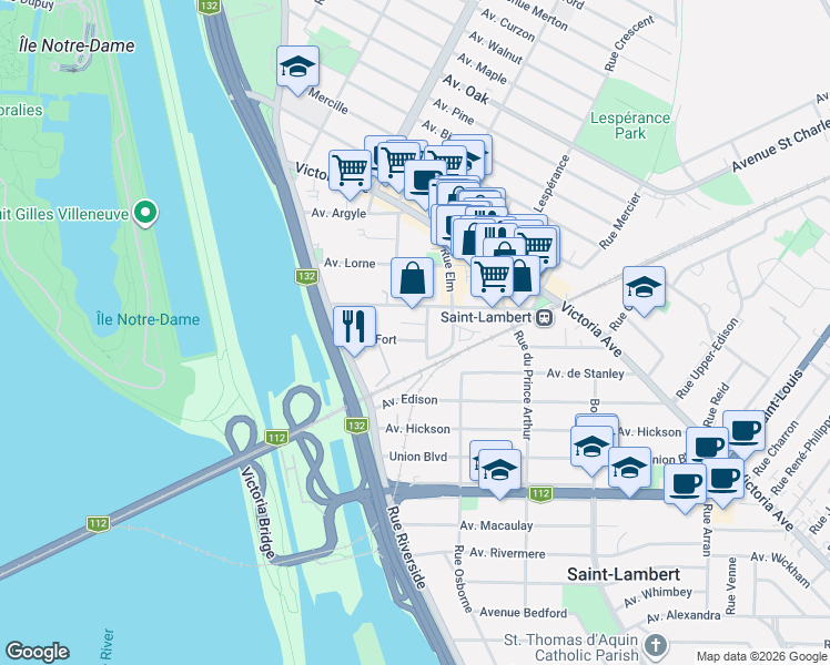 map of restaurants, bars, coffee shops, grocery stores, and more near 15 Rue Waterman in Saint-Lambert