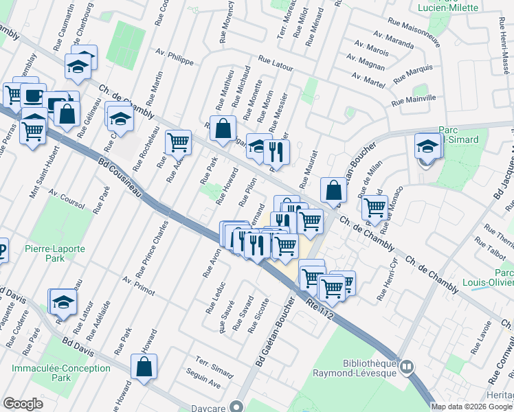 map of restaurants, bars, coffee shops, grocery stores, and more near 2370 Rue Fernand in Longueuil