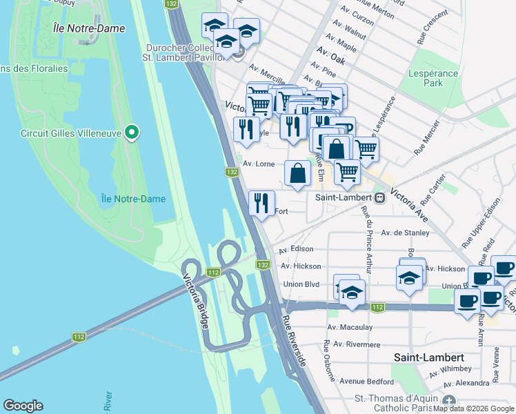 map of restaurants, bars, coffee shops, grocery stores, and more near 231 Rue Riverside in Saint-Lambert