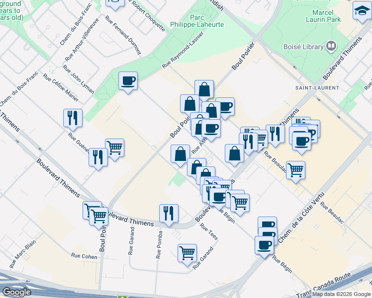 map of restaurants, bars, coffee shops, grocery stores, and more near 3555 Rue Ashby in Montréal