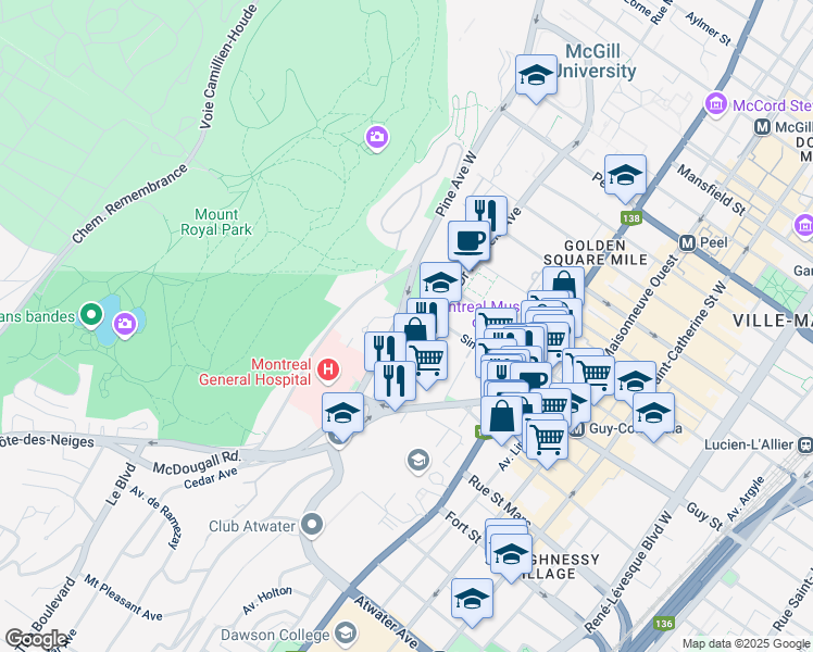 map of restaurants, bars, coffee shops, grocery stores, and more near 1500 Avenue des Pins in Montréal